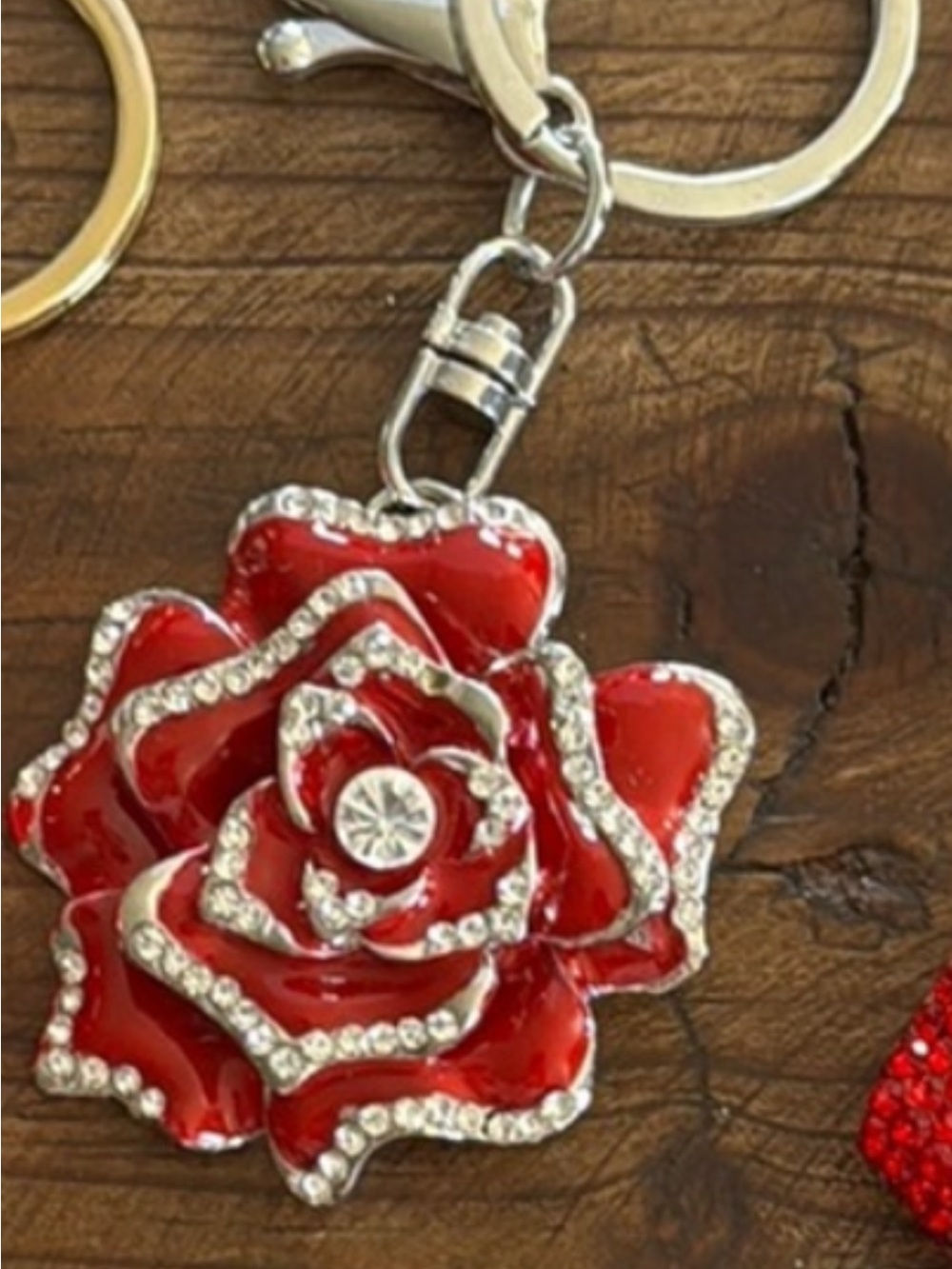 Bag Charm Red Crystal Rose Keychain